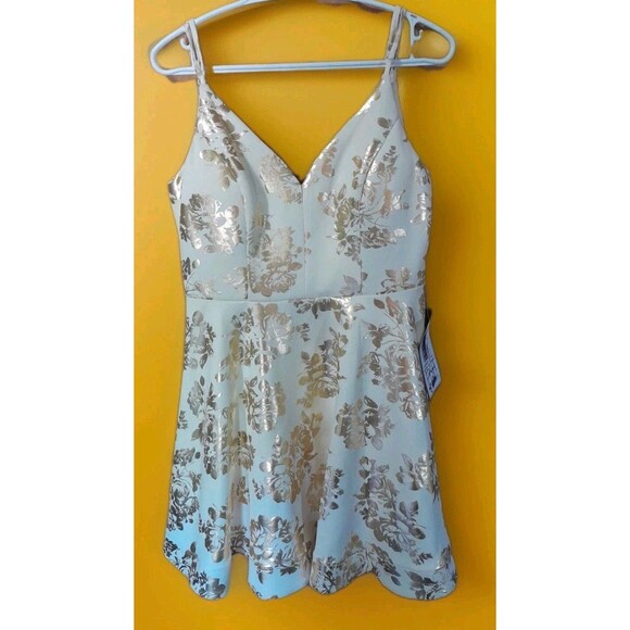 B Darlin Dress 13-14 Jr  Ivory-Gold Floral Fit-Flare Mini-NWT FROM Macys FORMAL - Picture 1 of 16